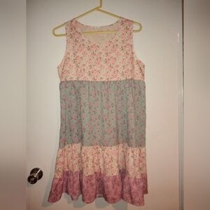 Floral Tiered Midi Dress in Pink and Green